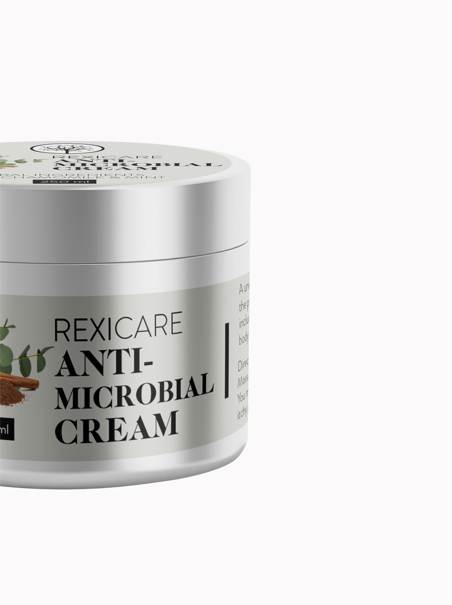 A partial view of a silver jar of REXICARE Anti-Microbial Cream with a white label, set against a plain white background.