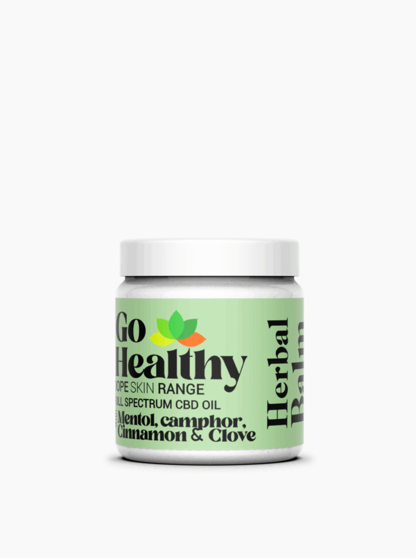 A white jar of GoHealthy Herbal Balm on a clean white background.
