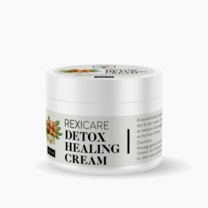 A white jar of Rexicare Detox Healing Cream, showing label details, plant illustrations, and application directions.