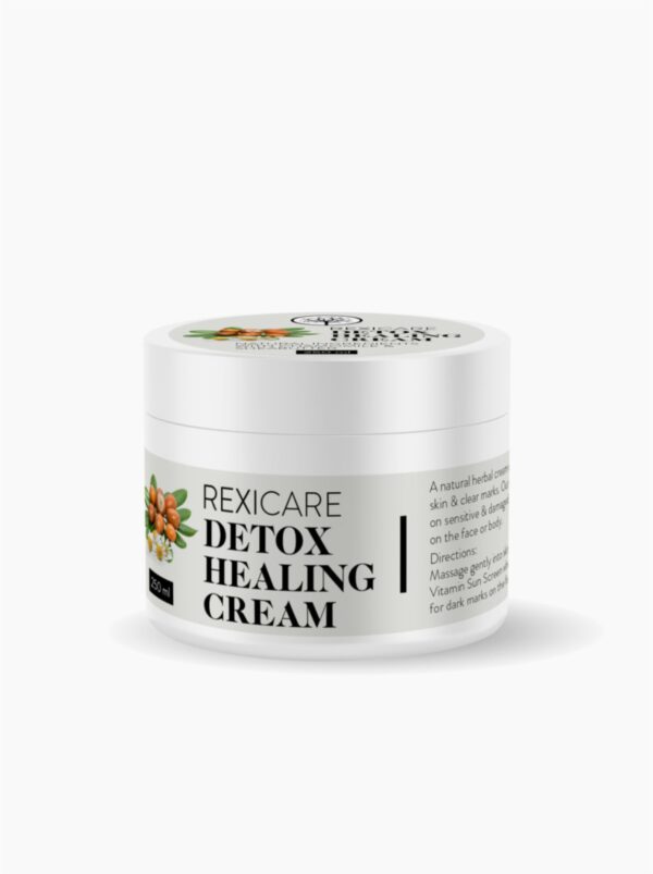 A white jar of Rexicare Detox Healing Cream, showing label details, plant illustrations, and application directions.