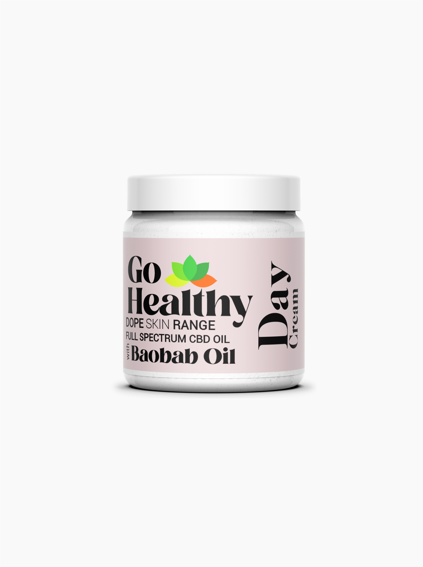 A white jar of Go Healthy Day Cream from the Dope Skin range, featuring CBD and Baobab oil, centered on a white background.