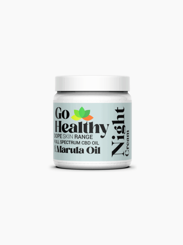 Product jar of Go Healthy Dope Skin Range Night Cream featuring CBD and Marula oil on a plain background.