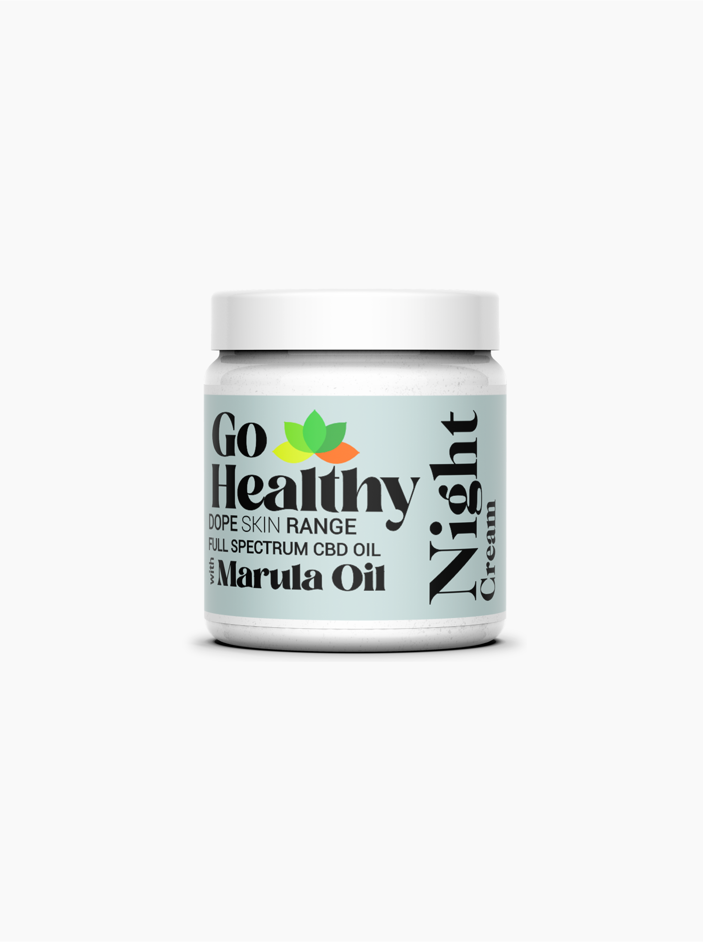 Product jar of Go Healthy Dope Skin Range Night Cream featuring CBD and Marula oil on a plain background.