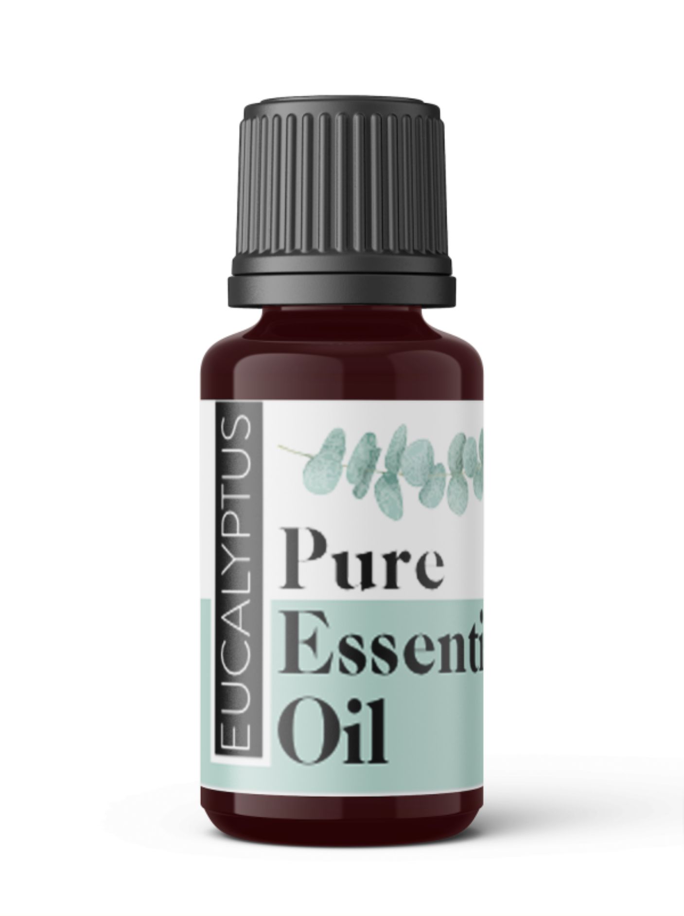 A small, brown glass bottle of "Pure Eucalyptus Essential Oil" with a black cap.