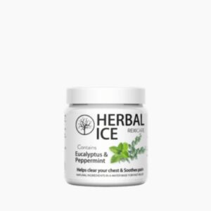 A white jar of Herbal Ice by Rexicare is shown. The label lists Eucalyptus & Peppermint as ingredients and states that the product "Helps clear your chest & Soothes pain."
