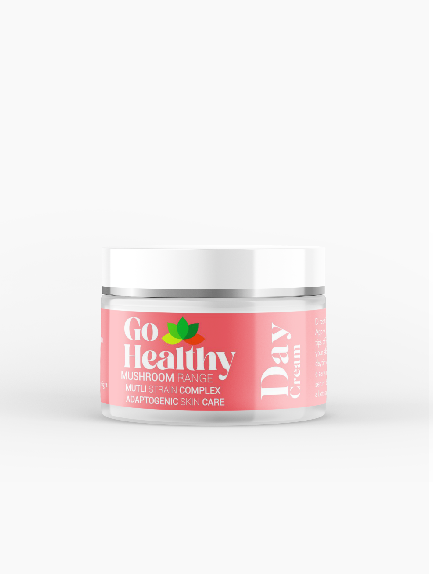 A white jar of Go Healthy Day Cream from the Mushroom Range, featuring a pink label, against a plain white background.