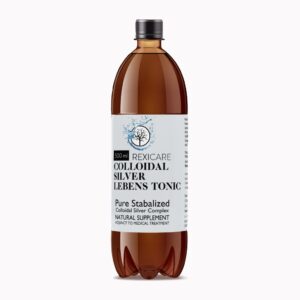 A 500ml amber plastic bottle of Rexicare Colloidal Silver Lebens Tonic with a white product label.