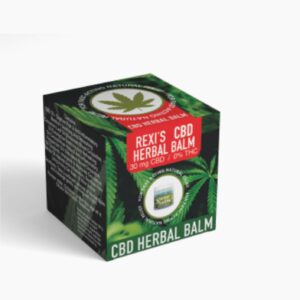A rectangular box for Rexi's CBD Herbal Balm featuring cannabis leaf imagery and product information on a white background.