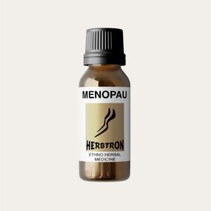A brown glass bottle of Herbtron MENOPAUSE Ethno Herbal Medicine with a black lid is shown. The label is a light yellow-gold color with a black stylized plant logo and text.