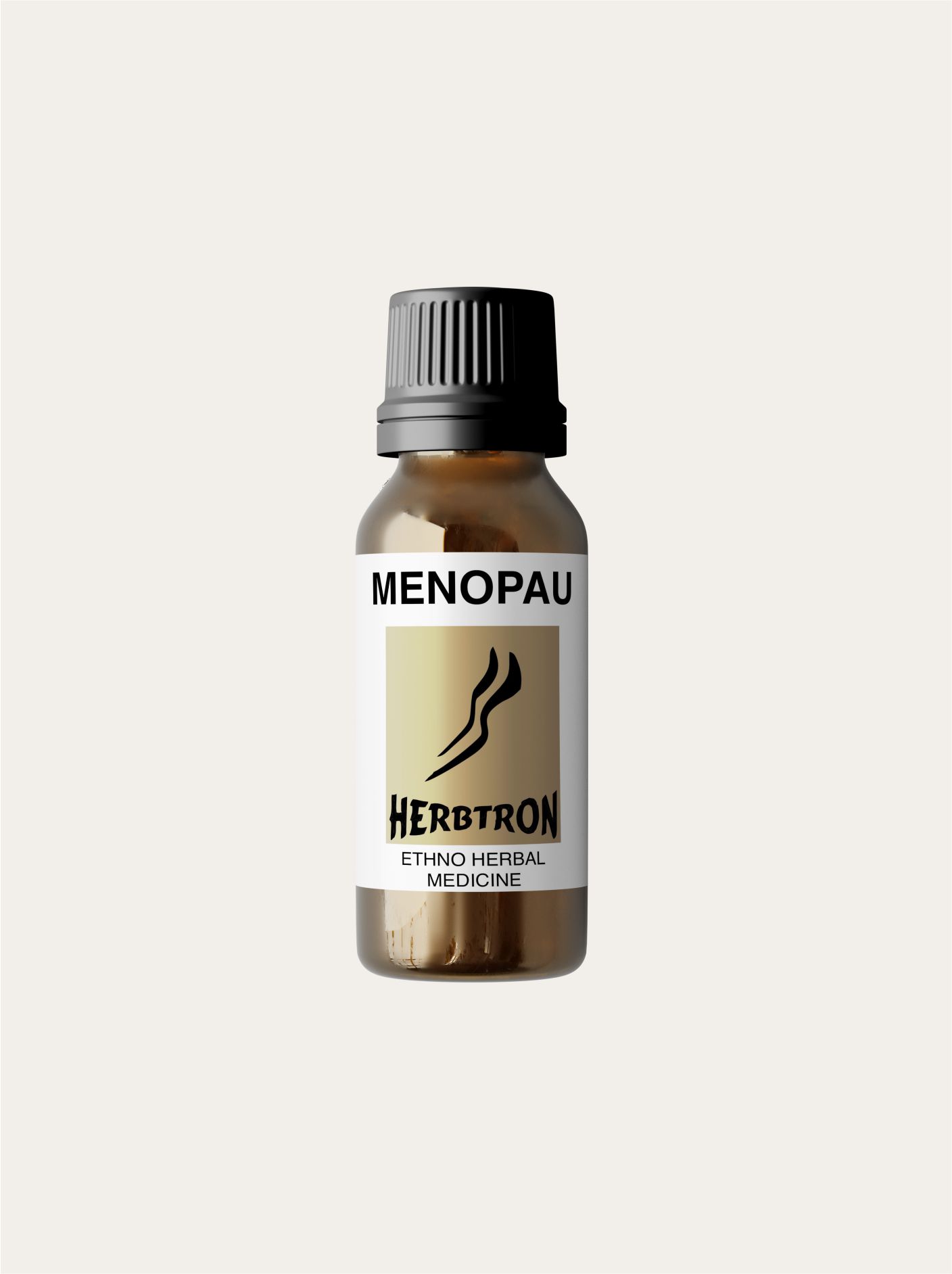 A brown glass bottle of Herbtron MENOPAUSE Ethno Herbal Medicine with a black lid is shown. The label is a light yellow-gold color with a black stylized plant logo and text.