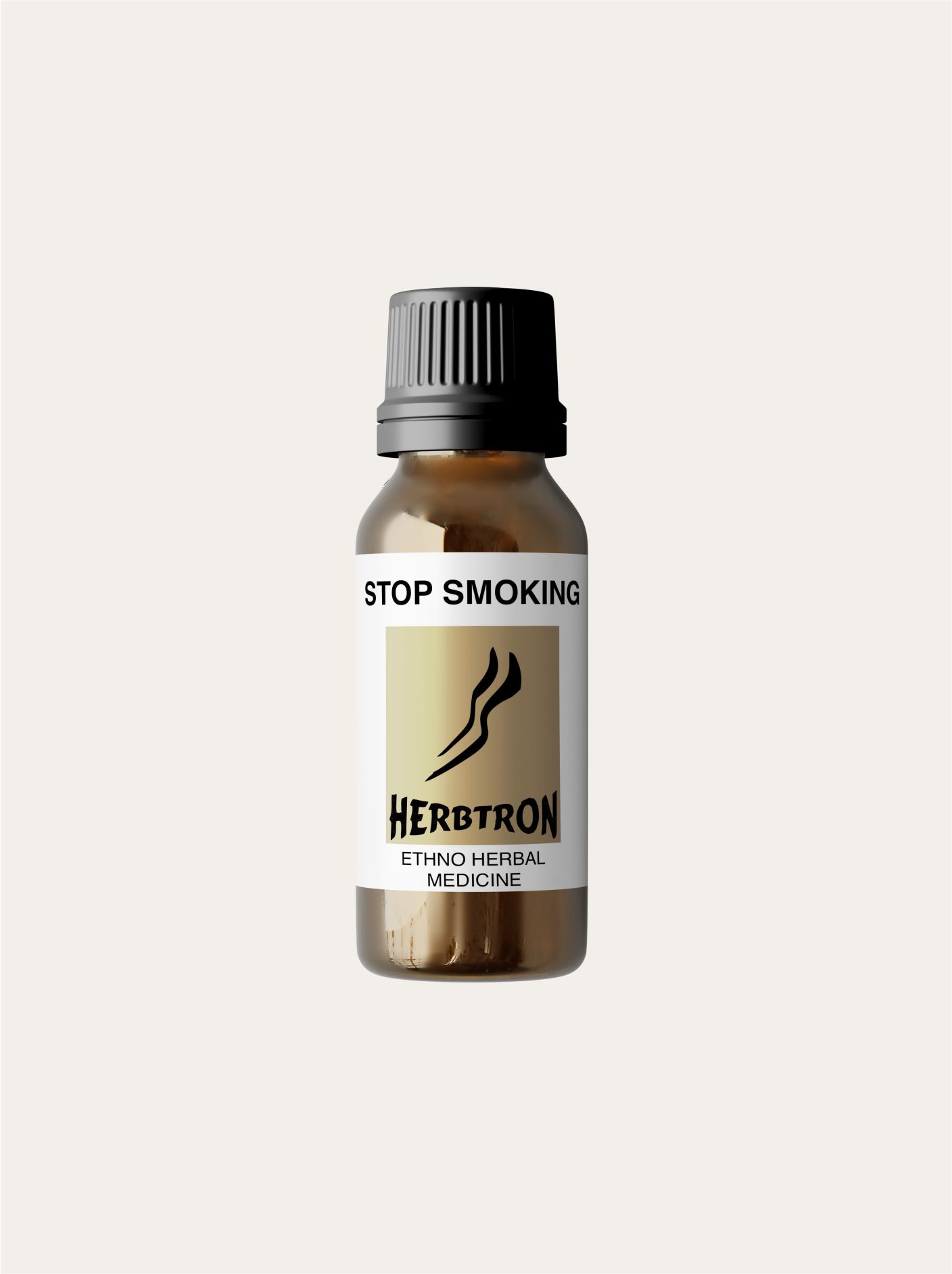 A brown glass bottle of Herbtron STOP SMOKING Ethno Herbal Medicine with a black lid is shown. The label is a light yellow-gold color with a black stylized plant logo and text.