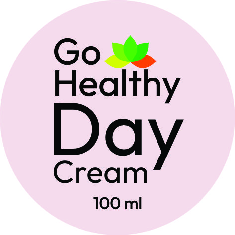 Product label for Go Healthy Day Cream in 100ml size, featuring a botanical icon on a circular pale pink background.