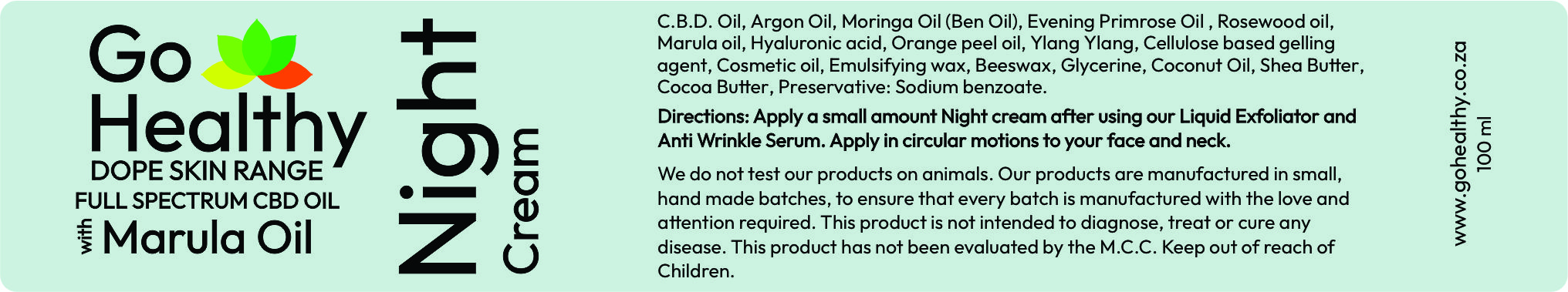 Product label for Go Healthy Dope Skin Range Night Cream listing ingredients, directions, and cruelty-free status.