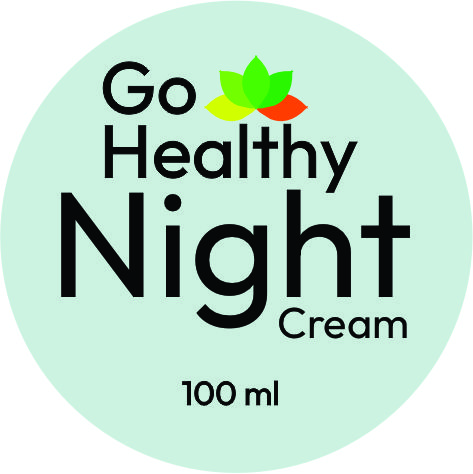 Round product label for Go Healthy Night Cream in a 100ml size featuring a green and orange leaf icon.