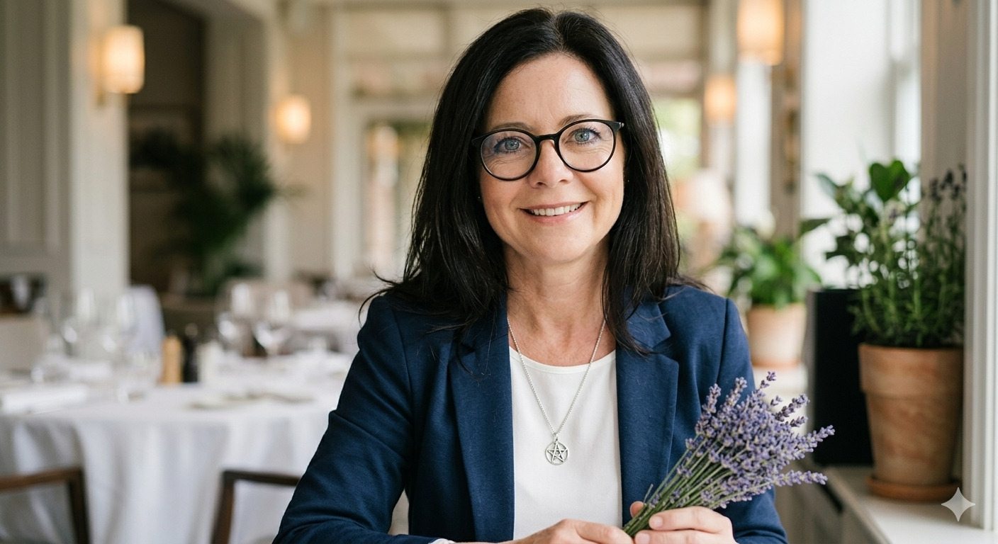 A smiling woman with dark hair and glasses holding a sprig of dried lavender in a soft-lit indoor setting.