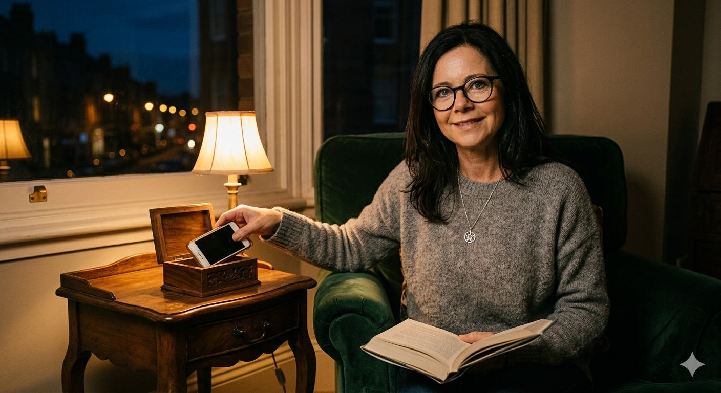 A smiling woman with glasses sits in a green chair, holding an open book while placing her phone into a wooden box.