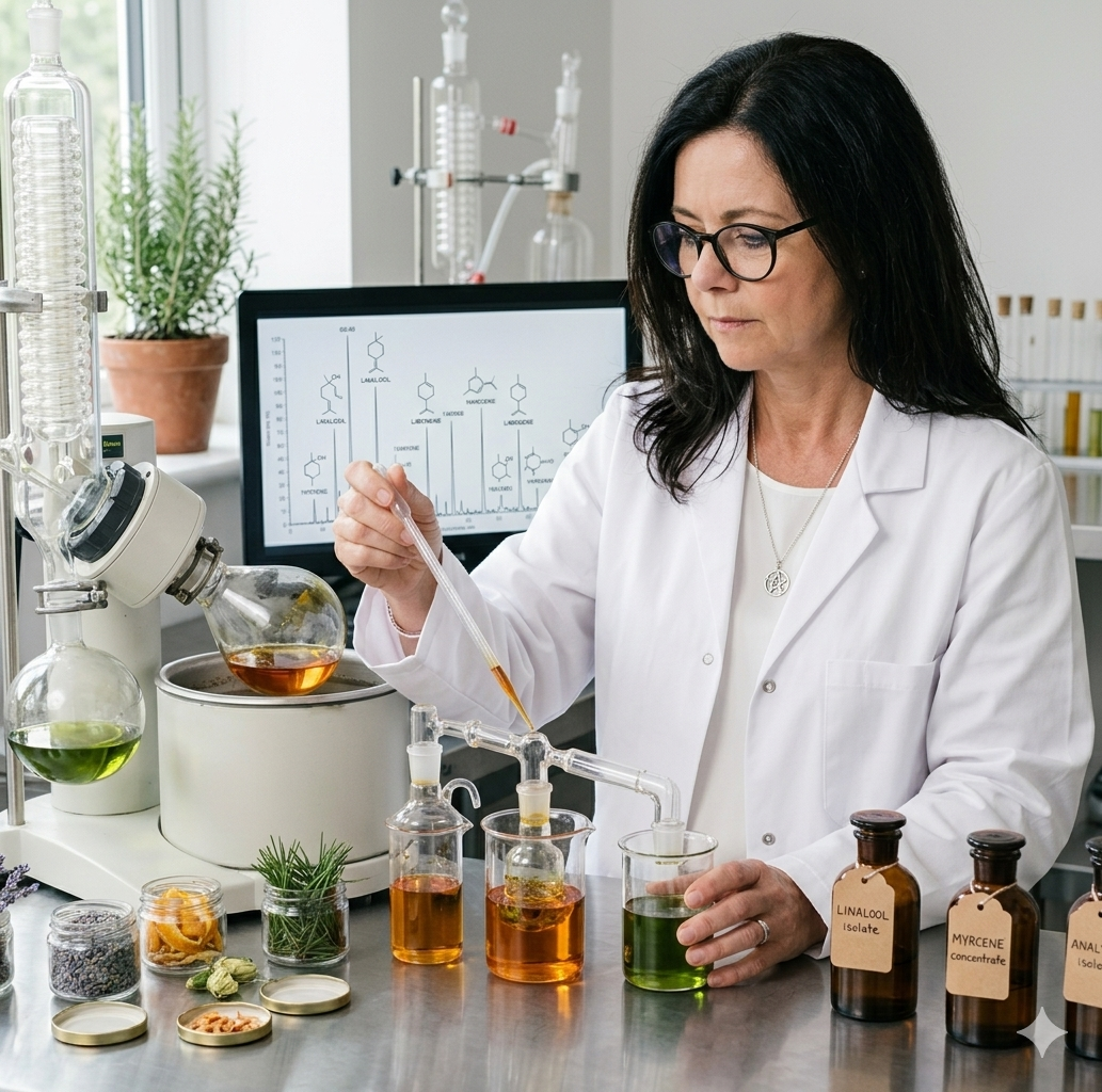 A scientist in a lab coat uses a pipette to test botanical oils with professional distillation equipment.