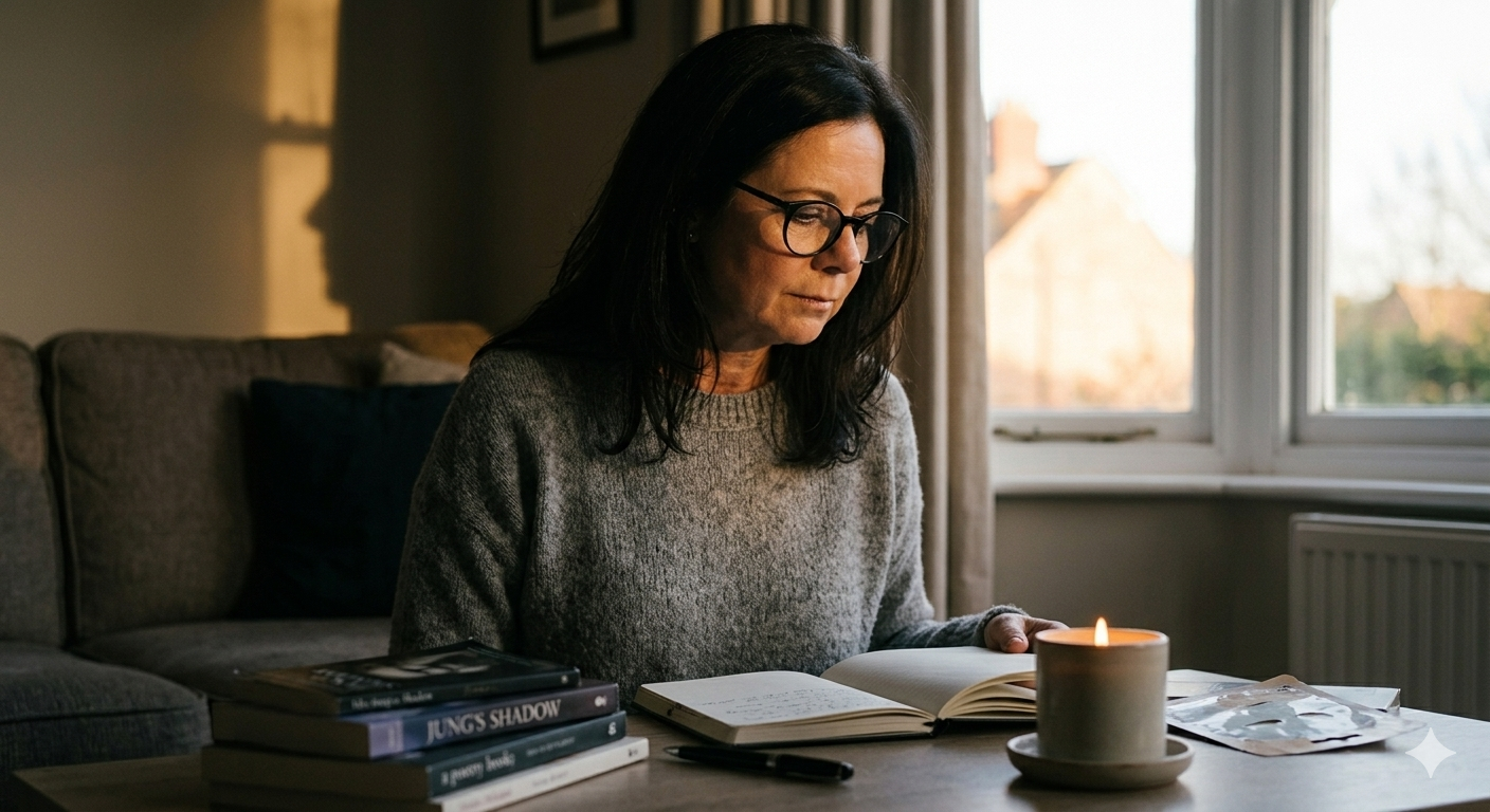 Woman wearing glasses sits at a table reading and journaling by candlelight for a shadow work self-care session.