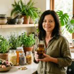 A smiling woman holding a jar of liquid in a kitchen filled with herbal plants, jars of fermented food, and supplements.