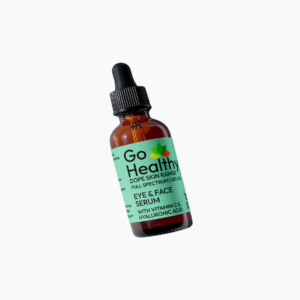 Amber glass bottle of Go Healthy Dope Skin Range Eye and Face Serum with a black dropper cap against a white background.