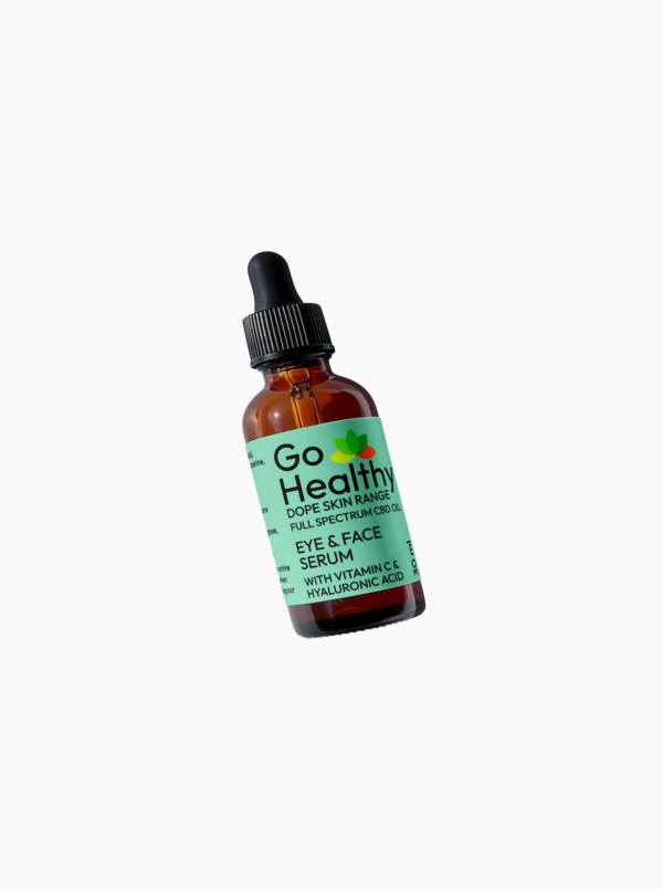 Amber glass bottle of Go Healthy Dope Skin Range Eye and Face Serum with a black dropper cap against a white background.