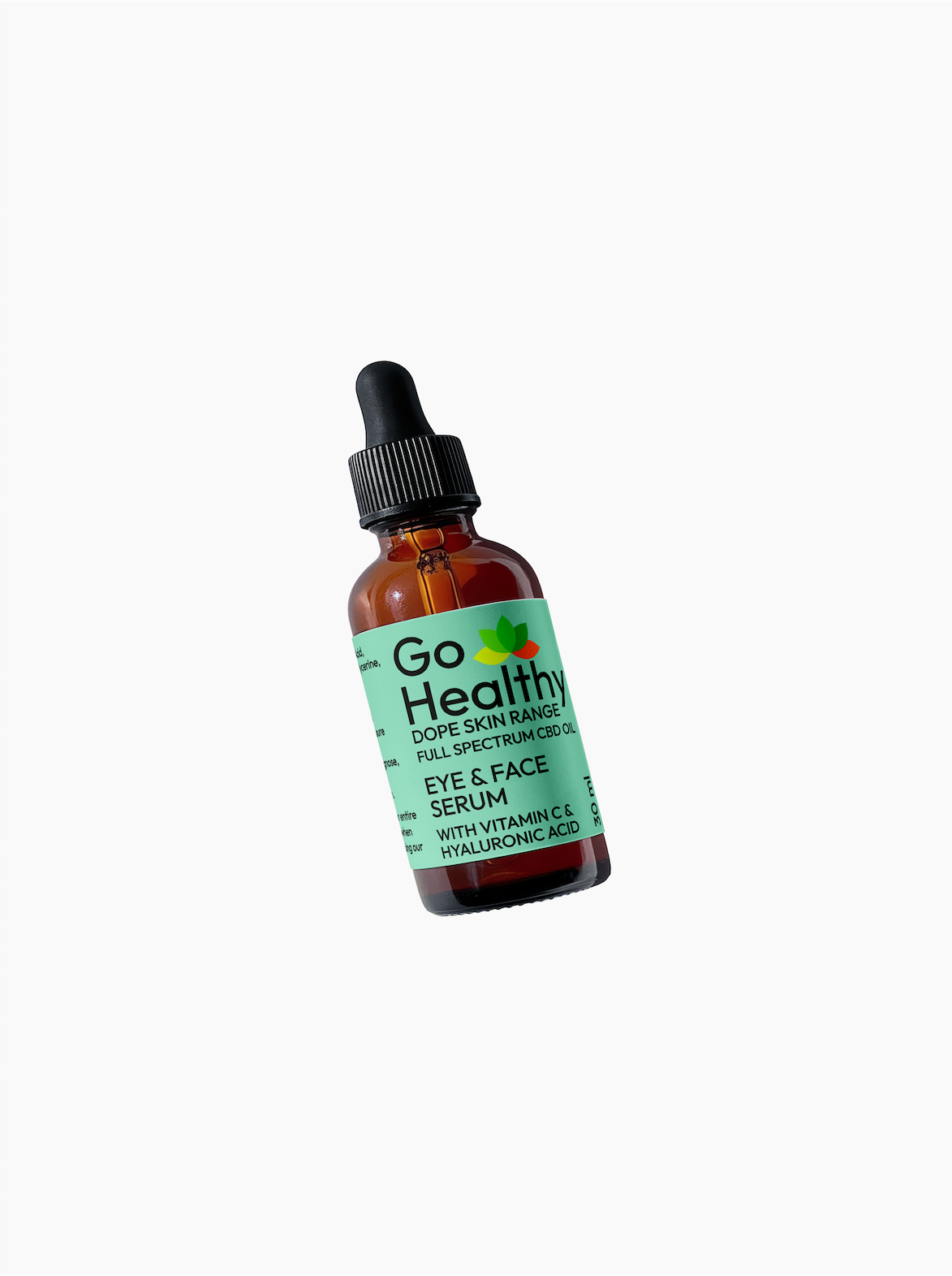 Amber glass bottle of Go Healthy Dope Skin Range Eye and Face Serum with a black dropper cap against a white background.