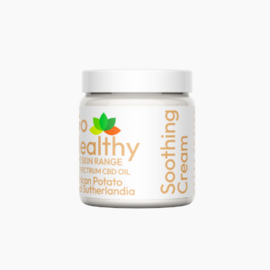 A white jar of Go Healthy Soothing Cream featuring African Potato and Sutherlandia extracts against a white background.
