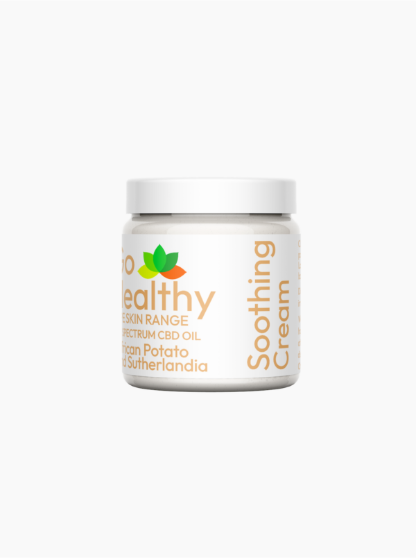 A white jar of Go Healthy Soothing Cream featuring African Potato and Sutherlandia extracts against a white background.