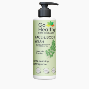 A 250ml pump bottle of Go Healthy Dope Skin Range lavender-scented face and body wash on a white background.