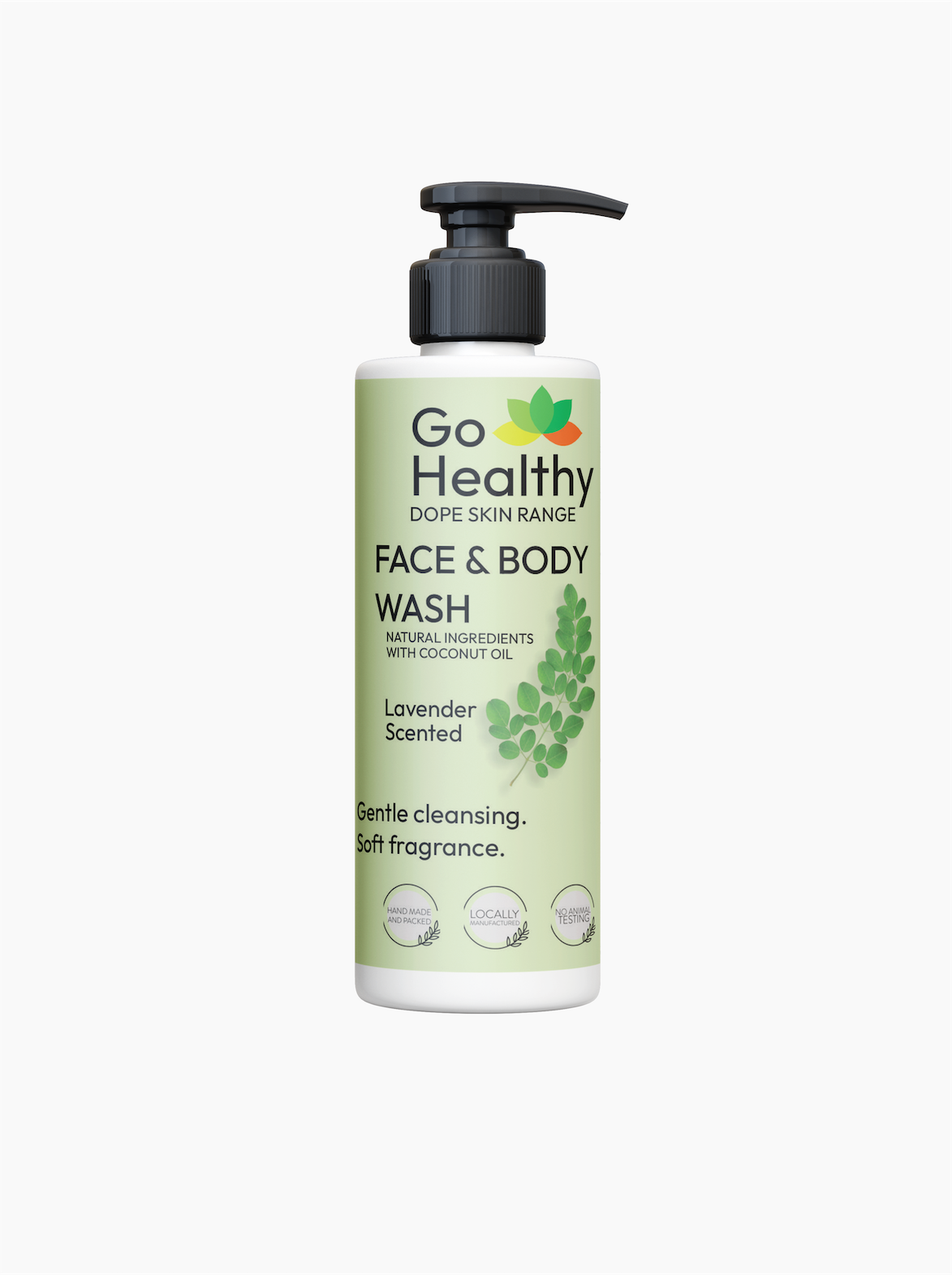 A 250ml pump bottle of Go Healthy Dope Skin Range lavender-scented face and body wash on a white background.