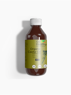 A 200ml bottle of Go Healthy Organic Castor Oil with an olive green label on a plain white background.
