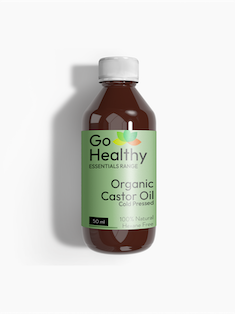 A 50ml bottle of Go Healthy Organic Castor Oil, cold-pressed and hexane-free, isolated on a white background.