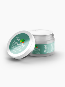 A 50ml jar of Go Healthy mushroom night cream with a detachable lid showing branding and adaptogenic skin care details.