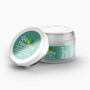 A 50ml jar of Go Healthy mushroom night cream with a detachable lid showing branding and adaptogenic skin care details.