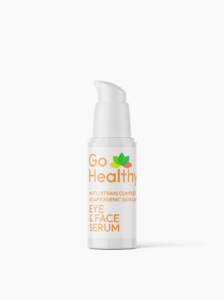 A white pump bottle of Go Healthy Eye & Face Serum featuring a multi-strain complex adaptogenic skin care formula.
