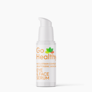 A white pump bottle of Go Healthy Eye & Face Serum featuring a multi-strain complex adaptogenic skin care formula.