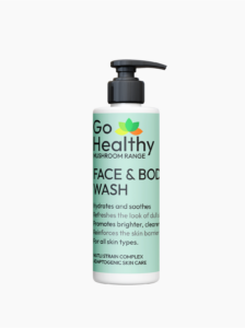 A 250ml white pump bottle of Go Healthy Mushroom Range Face & Body Wash with a soft green label on a plain background.