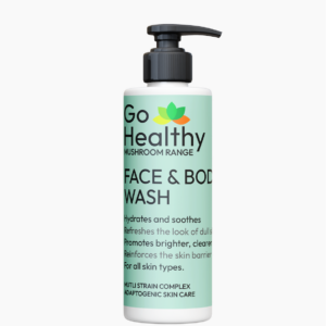 A 250ml white pump bottle of Go Healthy Mushroom Range Face & Body Wash with a soft green label on a plain background.