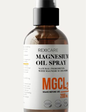A brown glass bottle of Rexicare Magnesium Oil Spray with a black pump dispenser against a light background.