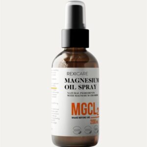 A 200ml amber glass bottle of Rexicare Magnesium Oil Spray with a black pump nozzle against a neutral background.