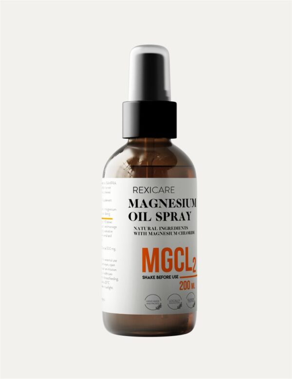 A 200ml amber glass bottle of Rexicare Magnesium Oil Spray with a black pump nozzle against a neutral background.