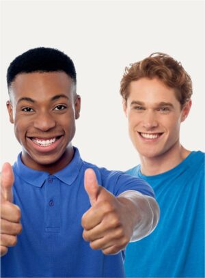 Two men smiling and giving thumbs up gestures against a plain white background.
